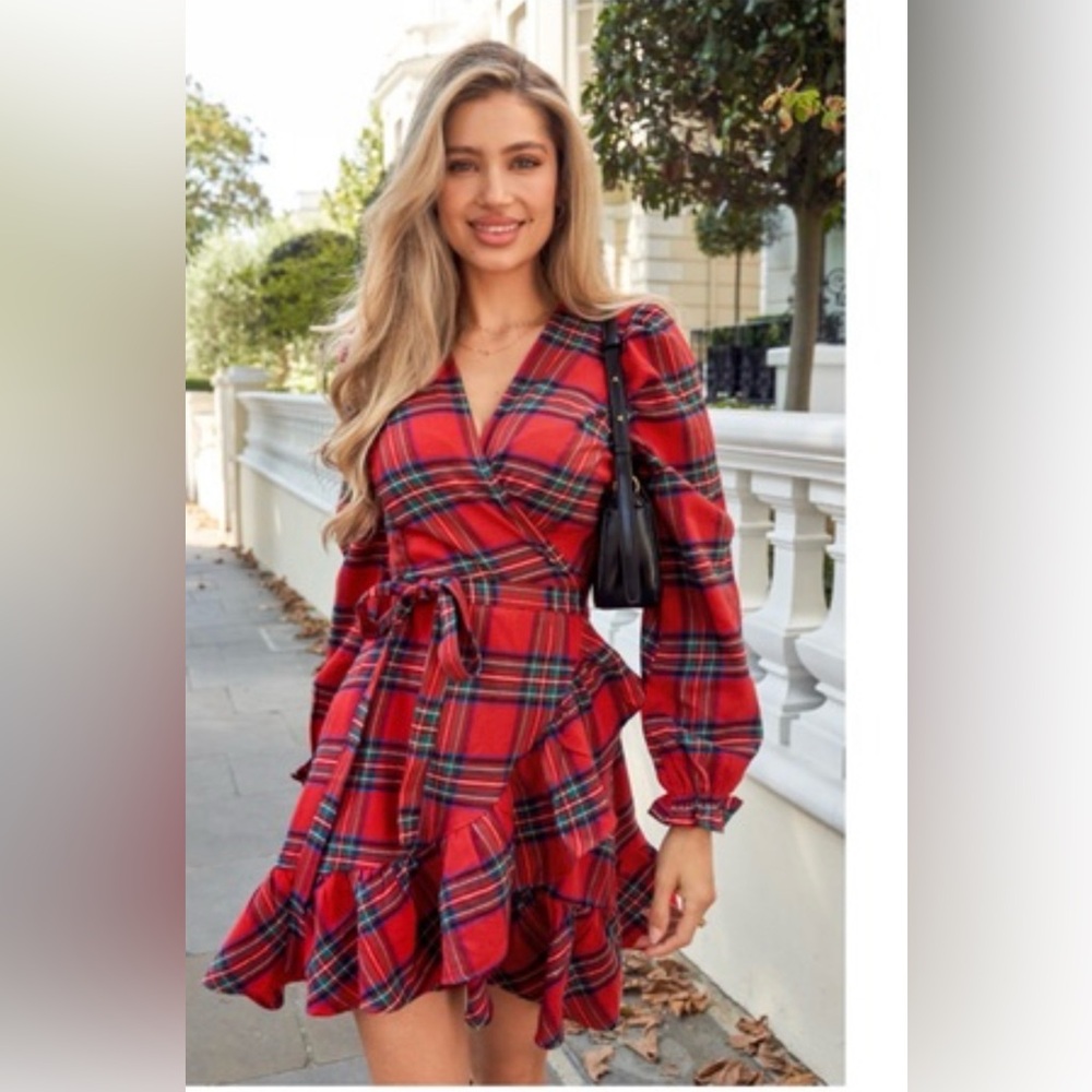Red Plaid Wrap Dress with Ruffle Hem